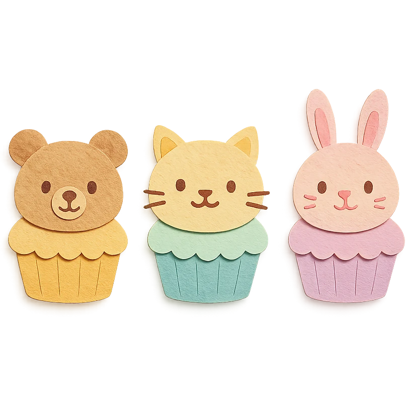 mini cupcakes with animal faces of bear, cat, and rabbit, soft pastel tones, paper craft style, transparent background emoji