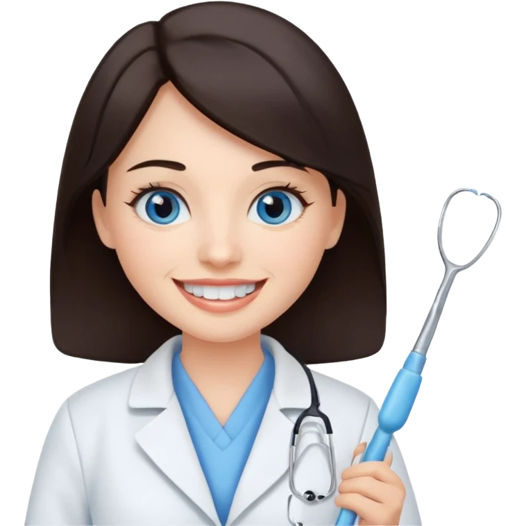 сгенерируй девушку стоматолога с профильными для нее предметами с темными волосами и голубыми глазами еще emoji