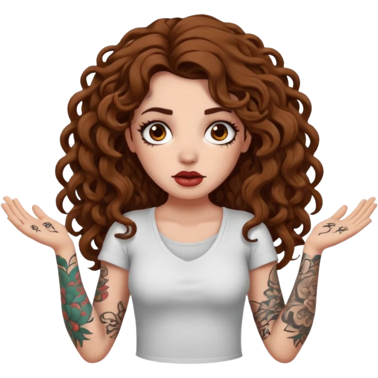 woman with long curly brown hair, brown eyes, white skin, tattoos, shrugging while reality melts like bark emoji