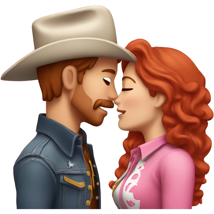 Cowboy with brown hair kissing cowgirl with red hair wearing pink emoji