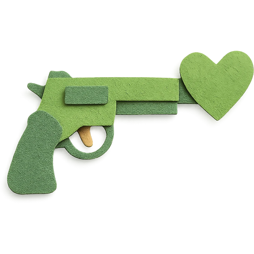 green heart pistol, paper craft style, layered paper textures, handmade look emoji