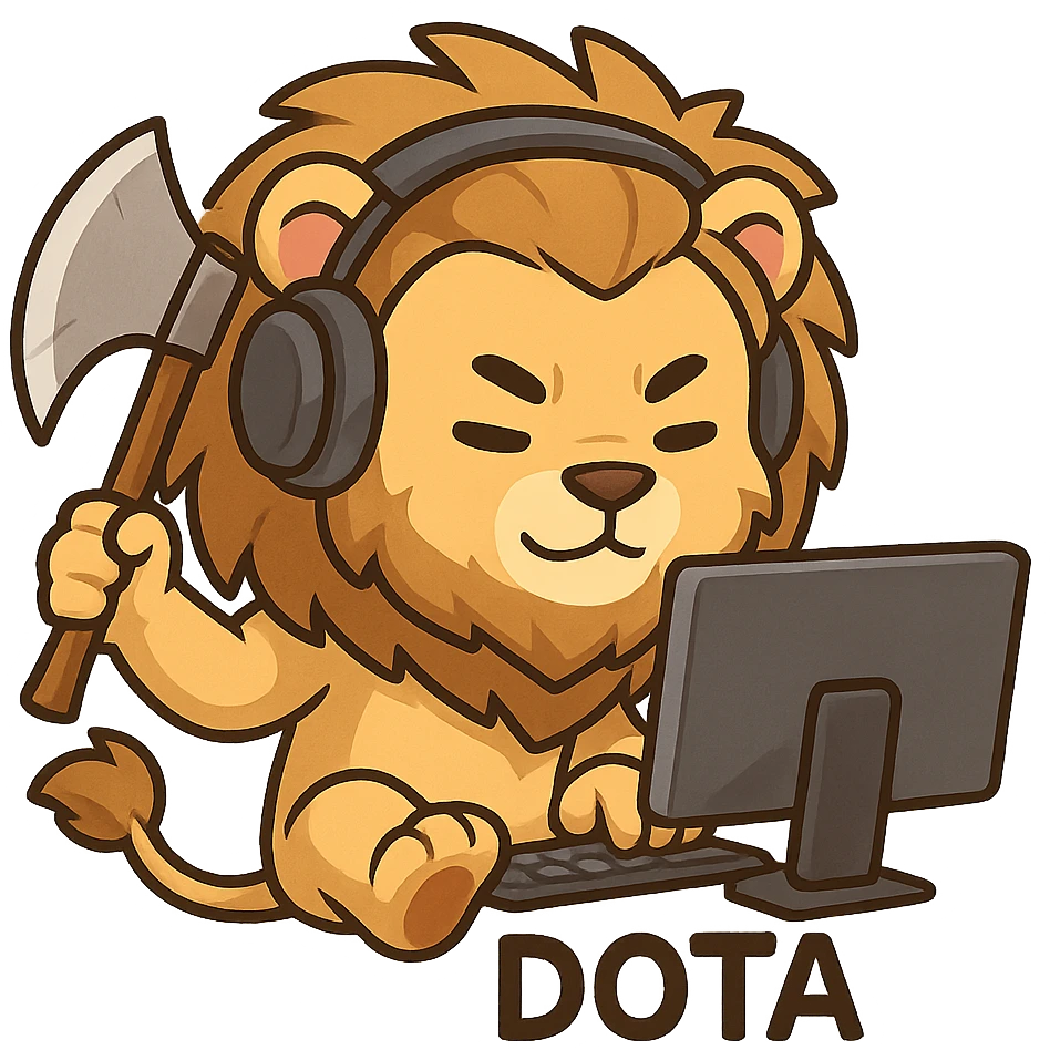 humanoid lion gamer with an axe sitting at a computer playing Dota, Telegram sticker style, modern, cartoonish emoji