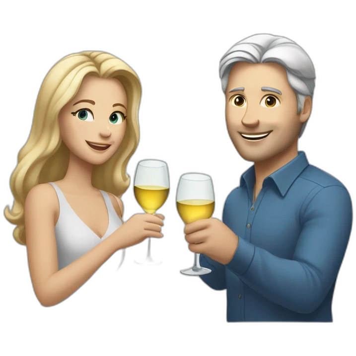 A white woman with brown eyes and blond medium long hair and a white man with blue eyes and grey hair, they toast to each other with a glass of white wine. emoji