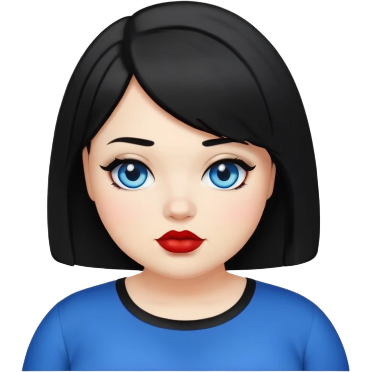 plus size teenage girl with a black bob haircut, side parted, blue eyes, black eyeshadow, red lipstick, wearing a black shirt, emoji style emoji