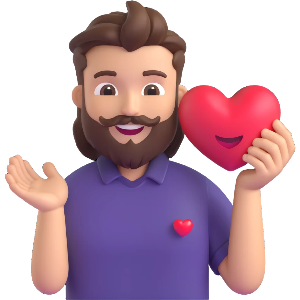 Create a 3D emoji style sticker of the character holding a red heart in both hands in front of him, with a light smile on his face. The character should resemble the reference image with a similar hairstyle, beard, and shirt. The overall look should be friendly and warm. emoji