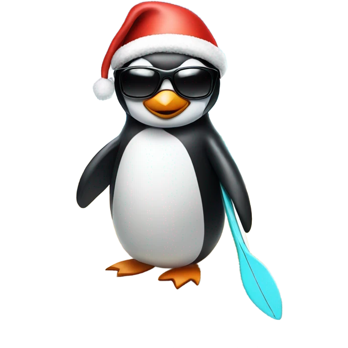 penguin in a surfboard with sunglasses and a santa hat  emoji