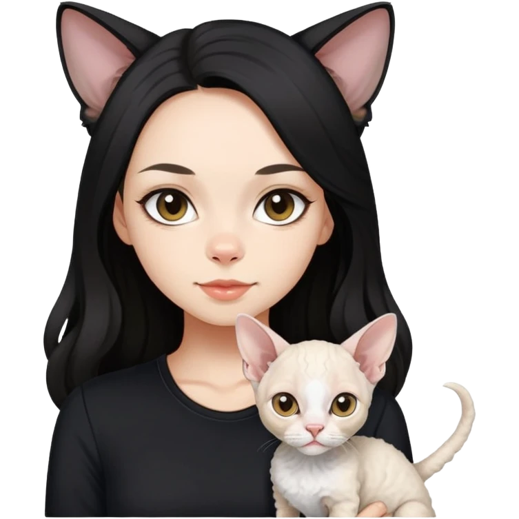a  girl with black long hair with a white devon rex with black shirt emoji