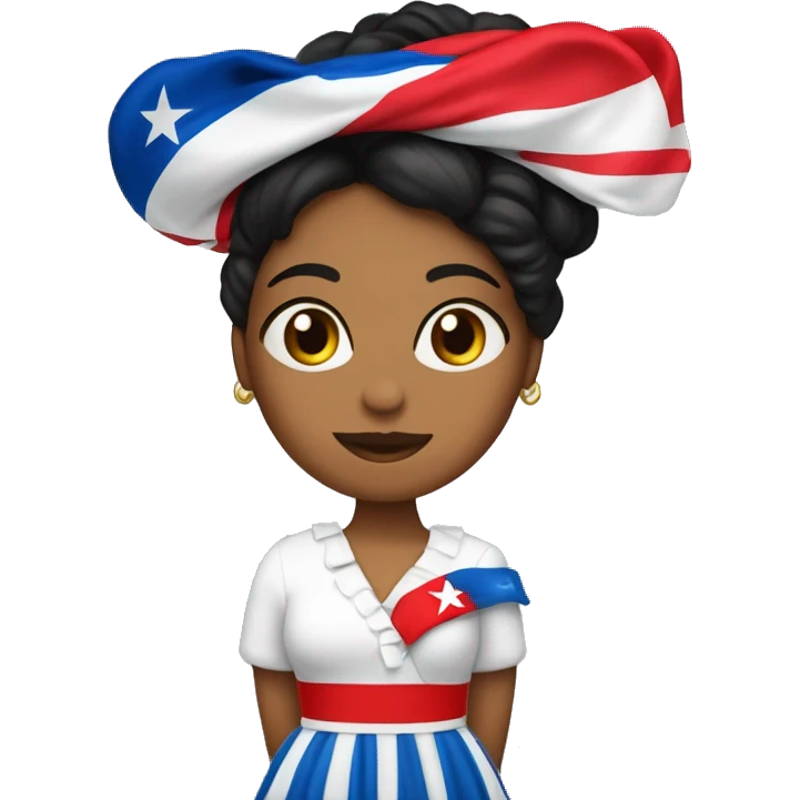Mujer con vestido echo de la bandera cubana, pelo negro y corto y piel blanca, con un pañuelo rojo en la cabeza emoji