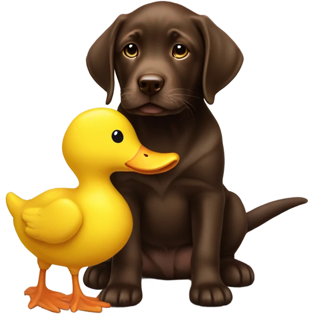 Chocolate lab puppy with big yellow duck toy emoji