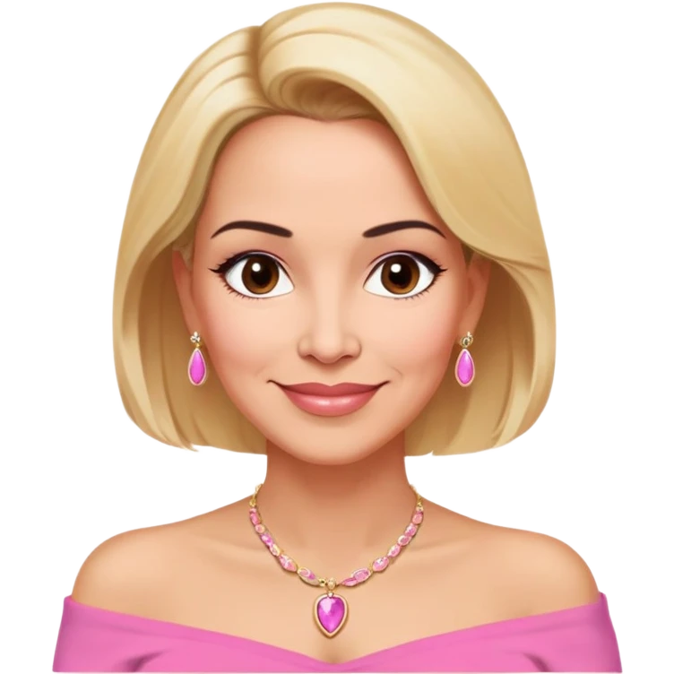 Puerto Rican actress Linette Torres in her 50s with warm light skin, sweet loving expression, gentle kind eyes, well-defined eyebrows, straight nose, warm smile, shoulder-length blonde hair, wearing a pink off-shoulder strapless top and a necklace emoji