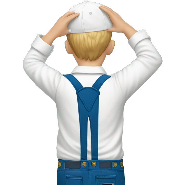 white shirt from behind, boy pointing up, blue overalls emoji