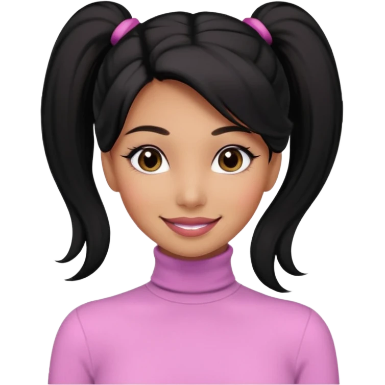 a woman with long sleeve turtle neck top and smile, her hair is long black pony tail, her eyes color are black and the color of her lip is soft pink emoji