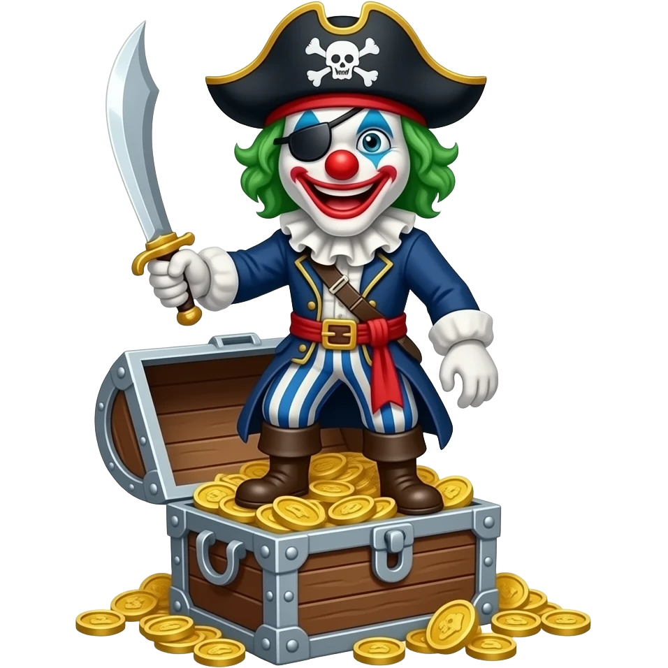 scary clown pirate with a sword standing over a treasure chest emoji