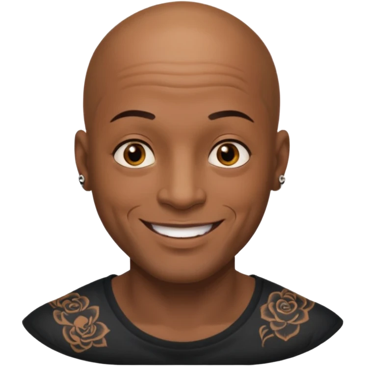 This is a cartoon-style avatar of a bald man with dark skin, golden-brown eyes, and several tattoos on his face, smiling with a friendly expression. emoji