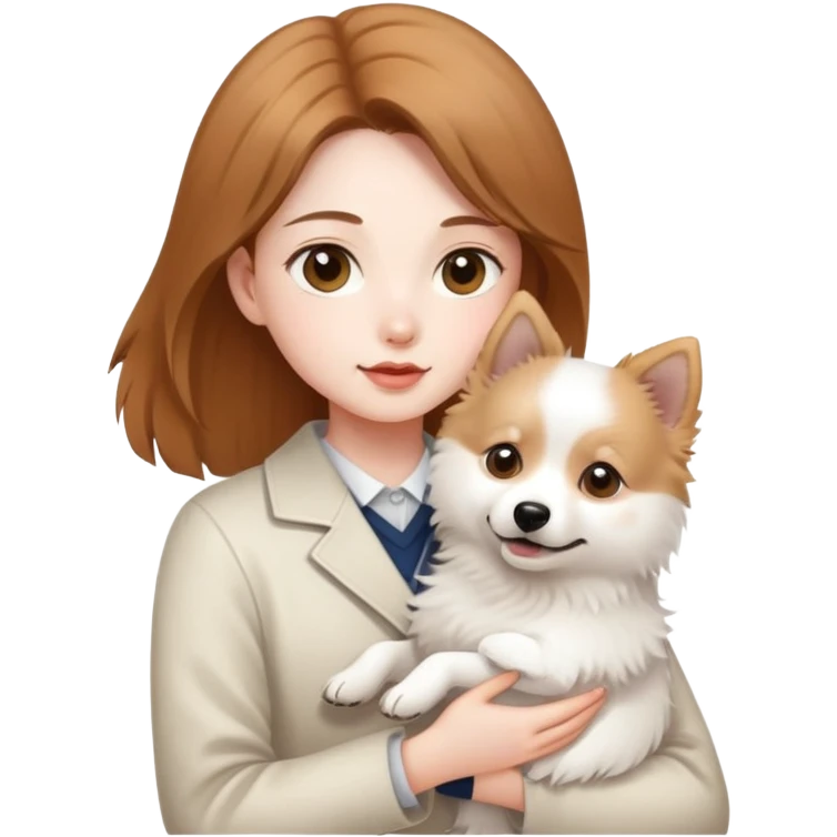 light brown hair girl with pale skin holding a Japanese spitz dog emoji