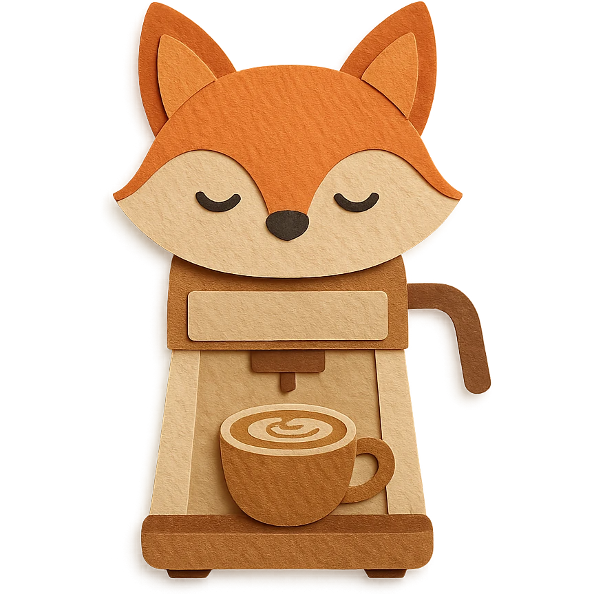 cute fox-shaped coffee maker holding a small latte cup, soft brown and beige colors, full-body emoji