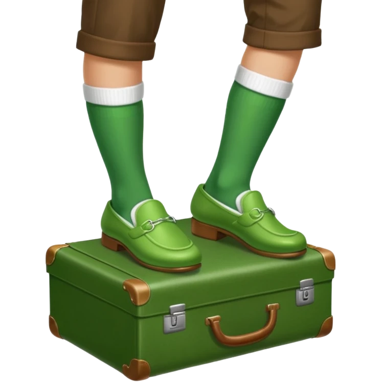 Feet with white socks wearing green slippers standing on a briefcase emoji