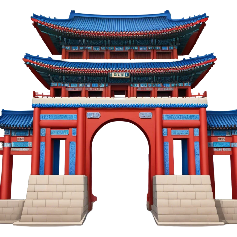 ​Cinematic Realistic Gwanghwamun Gate, depicted as a majestic historic gateway with traditional Korean architectural details, vibrant red and blue accents, and intricate carvings, set against a backdrop of modern Seoul under dynamic, natural lighting that highlights its timeless grandeur, emoji