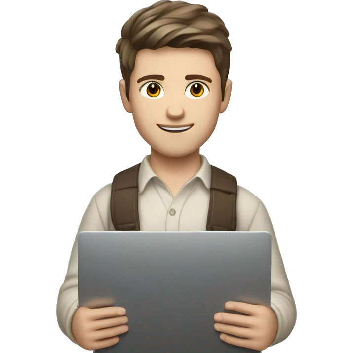 A young Caucasian male with brown hair and brown eyes, sporting a stylish Scandinavian mid-split haircut. Holding a laptop. emoji