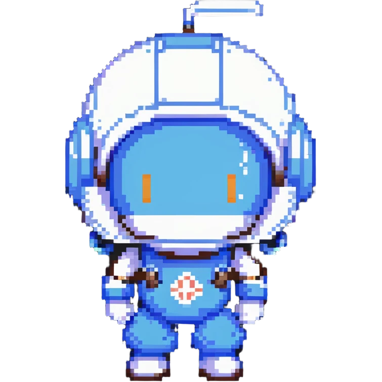 Classic bomberman character, blue and white colors, round helmet with antenna, cute pixel art style emoji