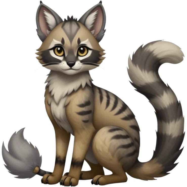 Cute kawaii cool edgy badass  ashen grey fur with smoky charcoal ombré fade fantasy-caracal-civet-genet-sergal-vernid-Gryphon-Cacomistle-Trico-oncilla-animal-Fakémon-hybrid-fursona (full body), facial markings, (realism style) emoji