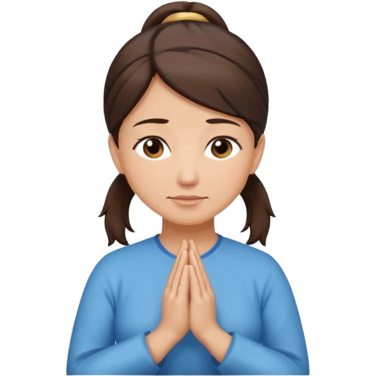 Photo realistic middle aged woman medium dark brown hair in ponytail light medium skin praying emoji