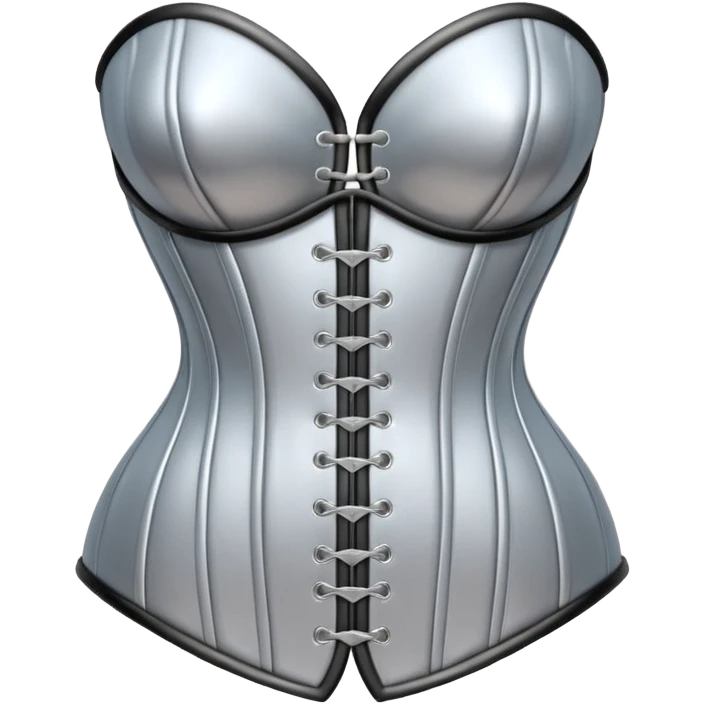 A luxury corset emoji made of silver chrome, smooth metallic curves, minimal fashion silhouette, glossy reflections, sensual high-end aesthetic, iOS emoji style, centered, clean white background emoji
