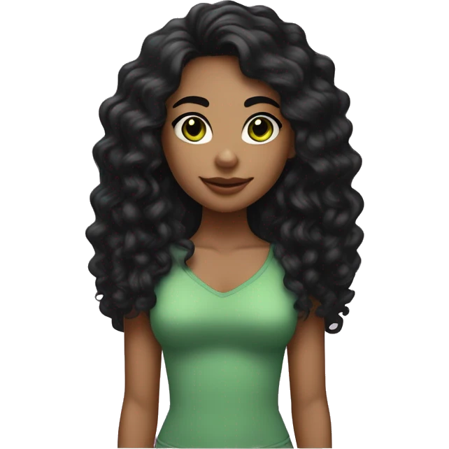 long curly black hair, full body head to toe, eyes with a hint of green, eyes positive  canthal tilt ,medium thick eyebrows , and thin lips, round face shape, soft jawline, full body, teen, sensual, american, woman, well defined feminine body emoji