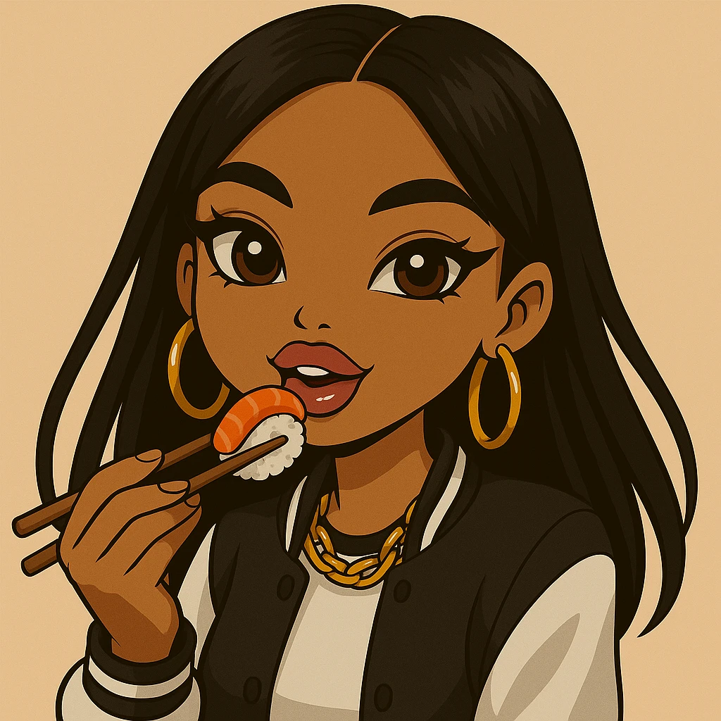 Change her pose to eating sushi with chopsticks, headshot only, 20-year-old anime Bratz style woman with dark skin, straight hair, trendy outfit, big expressive eyes, glossy lips, no hat, no tears, happy expression, both eyes open, looking straight ahead. emoji