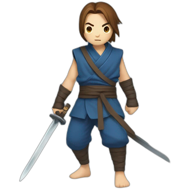 ninja,barefoot,blue-sleeveless-outfit,brown-hair,running,2d-platformer,slashing-sword emoji