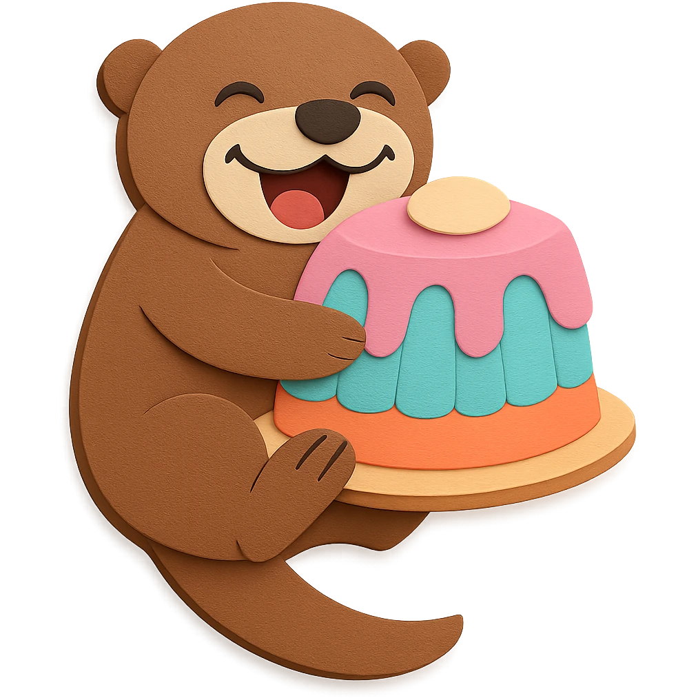 Amend the pink color layer of the cake to be visually good looking and well shaped, and ensure there are no imperfections on the otter's tummy and the pink color layer of the cake. Keep all other design elements unchanged, maintain transparent background. emoji