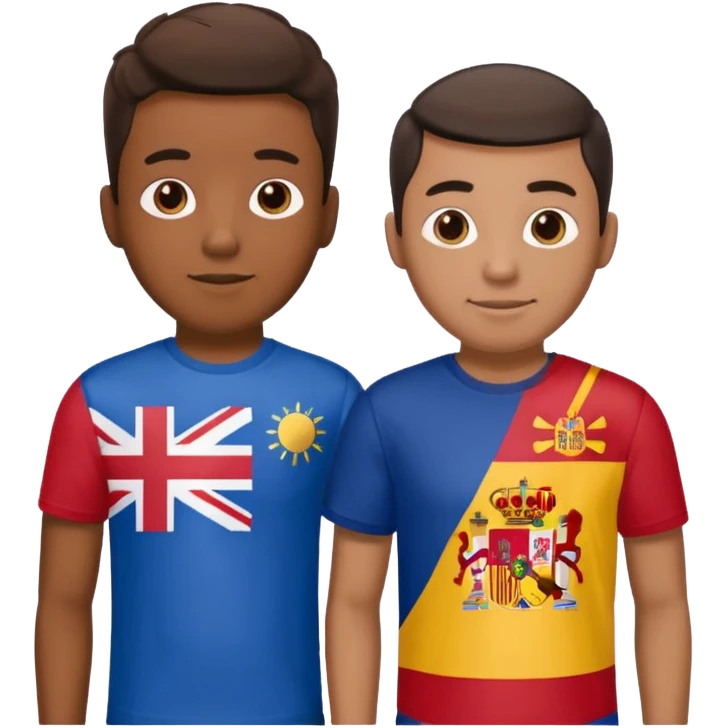 2 male Best buds , one in showing Philipine flag tshirt, one is Spain, in UK flag background emoji