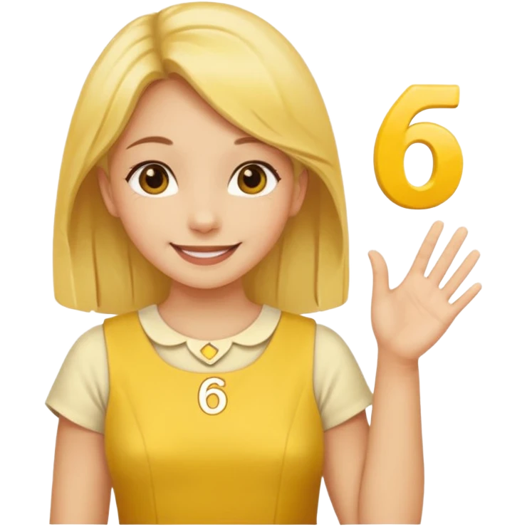 yellow smiling face girl with one hand flat under chin. With the number 6 on the left hand and the number 7 on the right hand emoji
