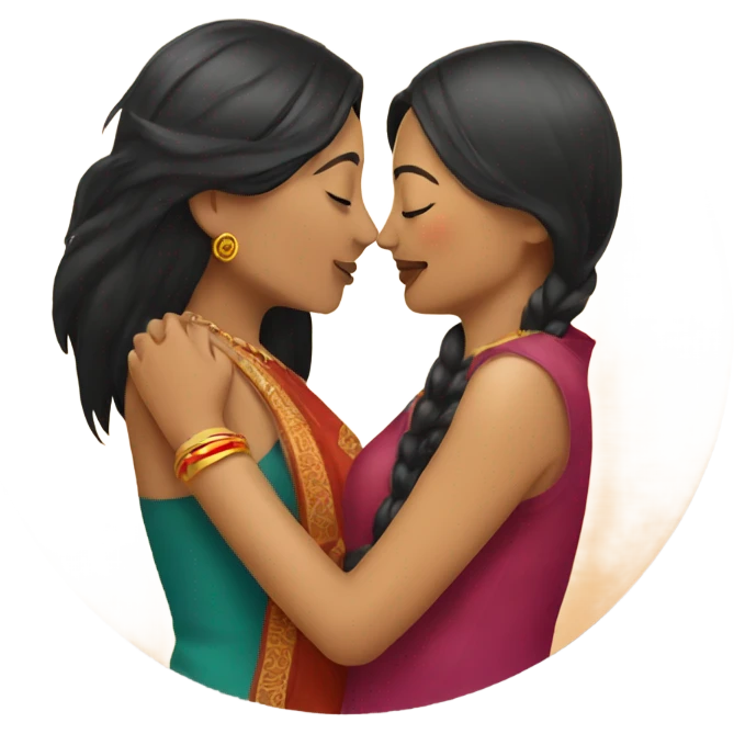 Indian lady kissing Chinese lady  emoji