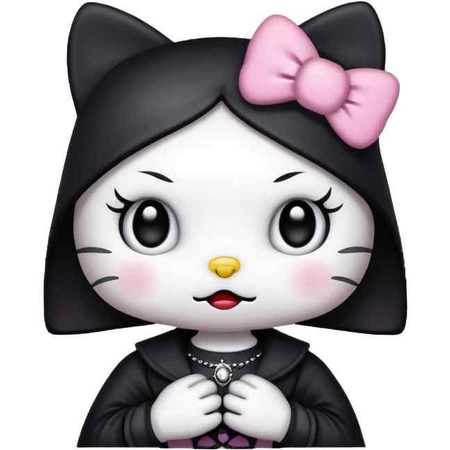 gothic Hello Kitty with a funny face, dark gothic details, iOS emoji style emoji