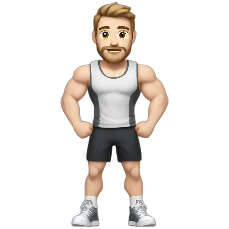 Close up Actively gesturing  with hands Pale skinned Fit Man With the biceps and brown hair in dark gray Sleeveless Mike, black oversize sports shorts, watch and white Sneakers emoji