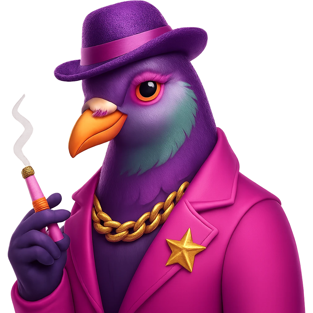 Make the pigeon more fabulous with a stylish hat, keep the cigarette, add vibrant and glamorous details in a 3D emoji style. emoji