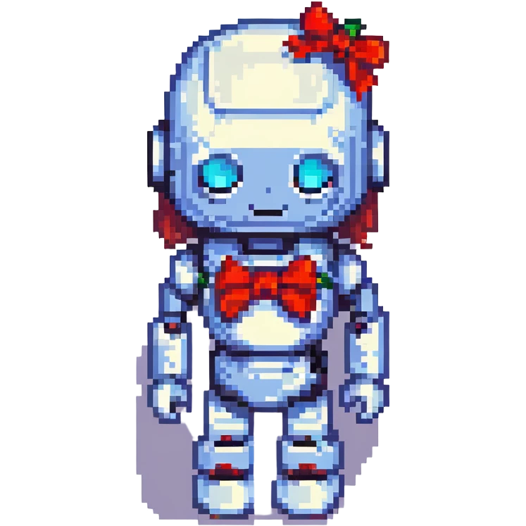 portrait of a cute female recruiter robot, 8-bit pixel art style, metallic, with a bow accessory emoji