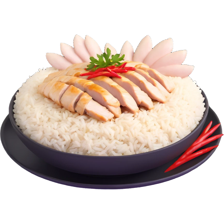 Singapore chicken rice with sliced poached chicken, fragrant rice, and chili sauce emoji