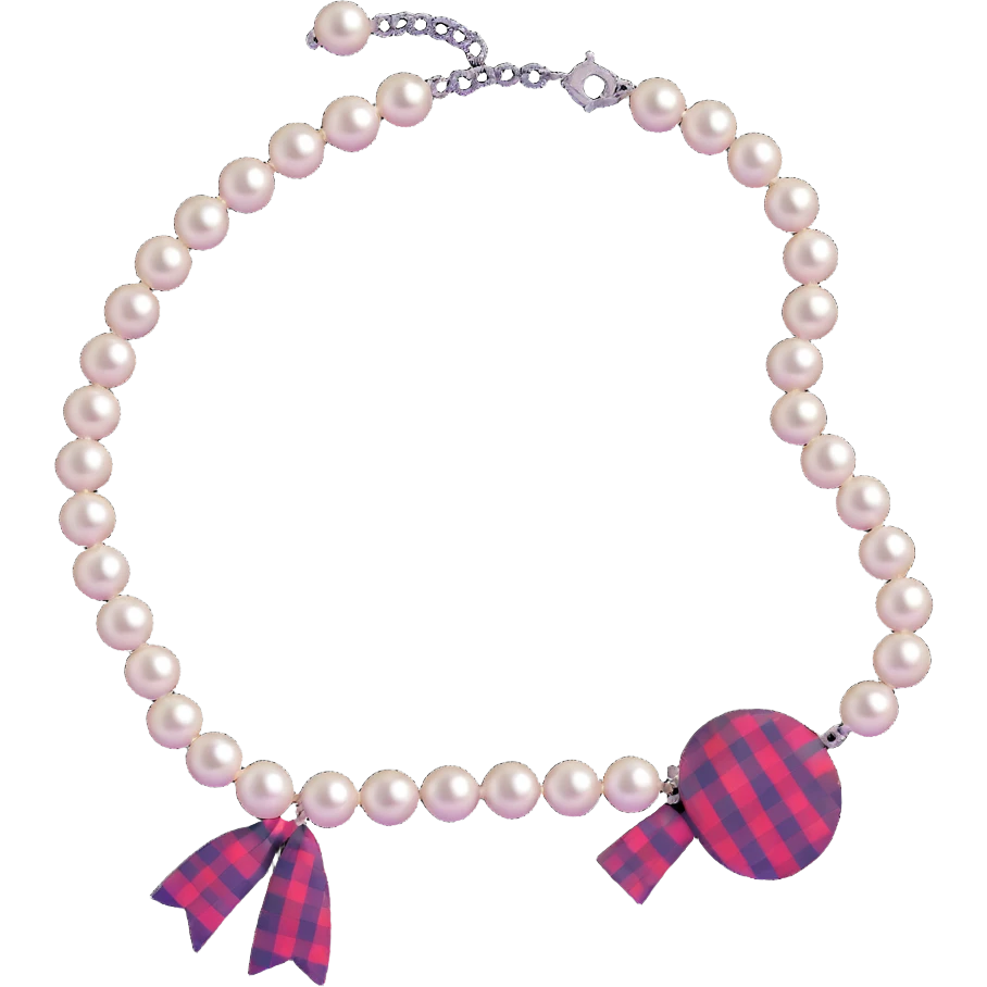 futuristic preppy accessory pack with smart pearl necklace and digital plaid pattern emoji