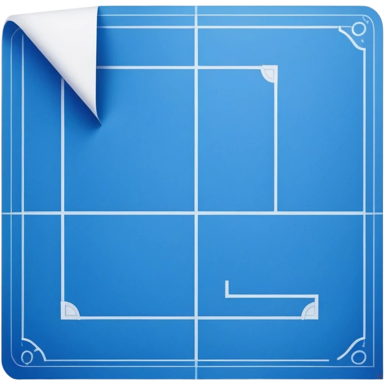side view of a blue blueprint plan with white lines and a curled corner emoji