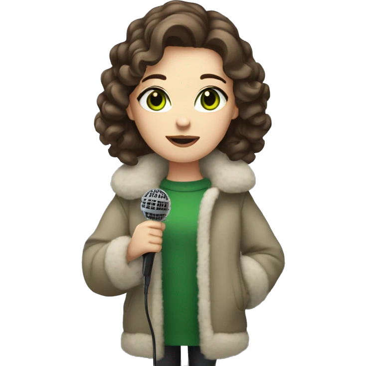 girl with white skin short brown hair and green eyes holding a microphone wearing a fluffy coat emoji