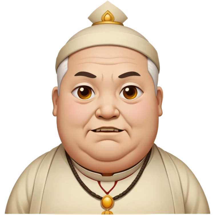 fat temple priest with a scary look and a closed, troubled smile, subtle temple background emoji