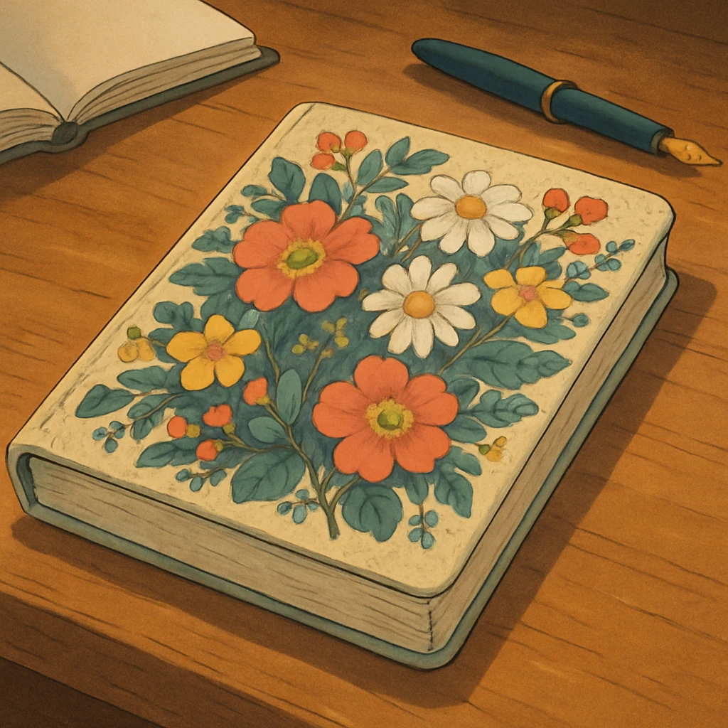 floral journal on a wooden desk emoji