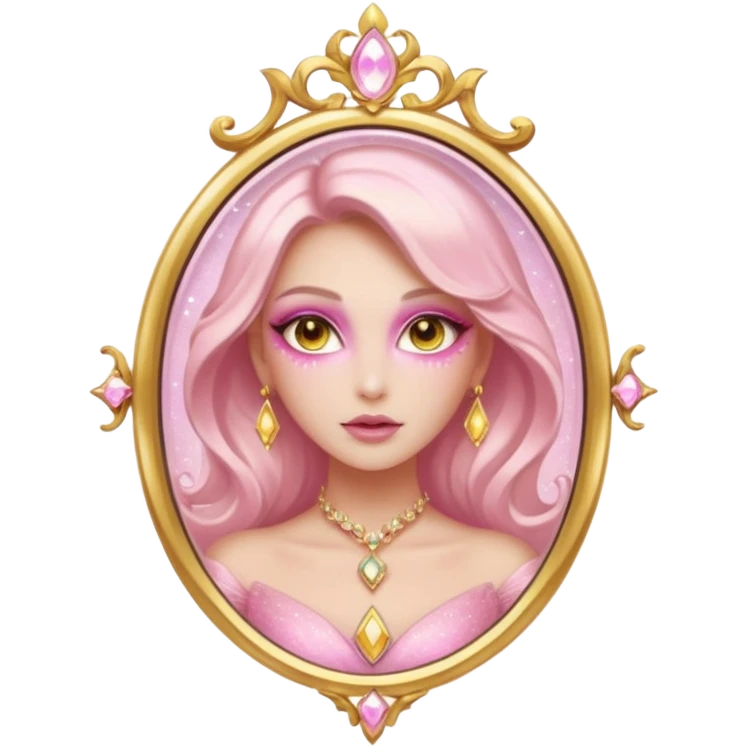 fantasy female character representing RAN Cosmetic, high-fashion makeup, glowing skin, magical sparkling powder, golden mirror, pastel pink and gold tones, elegant and mysterious emoji
