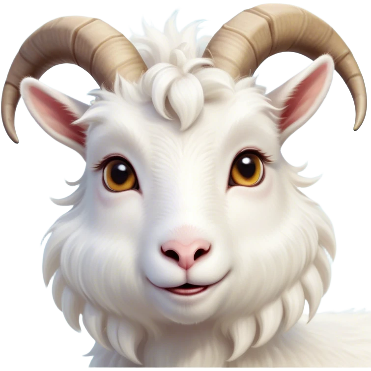 Cinematic Cute White Goat Portrait Emoji, Head tilted playfully and inquisitively, featuring a fluffy, immaculate white fur with charming curved horns, round, sparkling eyes filled with gentle curiosity, Simplified yet irresistibly adorable features, highly detailed, glowing with a warm, friendly glow, high shine, affectionate and lively, stylized with a touch of whimsical charm, bright and endearing, soft glowing outline, capturing the essence of a mischievous yet loving goat, so playful it feels like it could trot out of the screen and into your arms! emoji