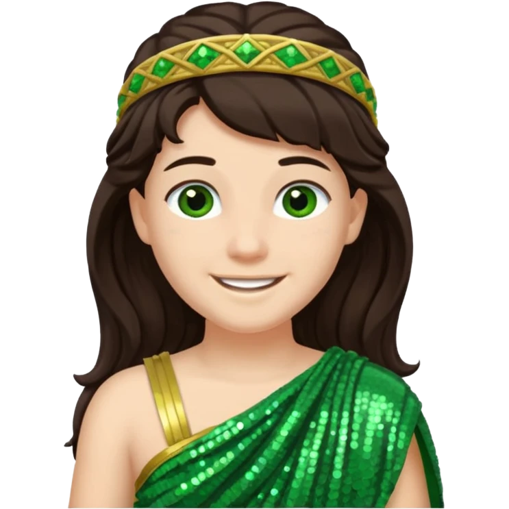 Juno from Roman Deities with long dark brown hair, green sequin toga emoji