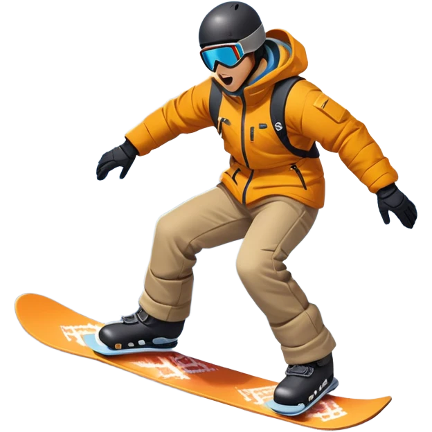 An icon showing a snowboarder performing an exciting jump on a snow-covered slope. The background features towering mountains, snow-covered trees, and a bright, clear sky. Transparent background highlights the speed, agility, and thrill of snowboarding. emoji