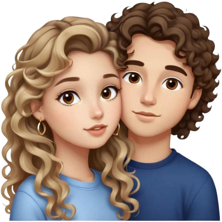 cute girl (long brunette balayage curly/wavy not voluminous hair, brown eyes, hoop earrings, natural pretty clean makeup): kissing on the cheek a cute boy (blondish straight hair and brown eyes and a cute face) emoji