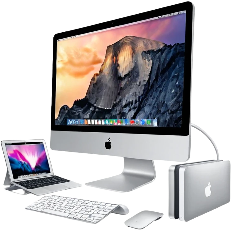 斜視角，雜亂的工程師桌面：M4 imac、筆記本、文件夾、小紙團垃圾，背景透明 emoji